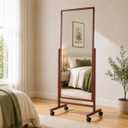 Full Length Mirror with Wheels, 65"x22" Freestanding Floor Mirror with Stand, Rolling Standing Dressing Mirror for Bedroom, Tall Tilting Mirror on Casters,Brown Wood Frame