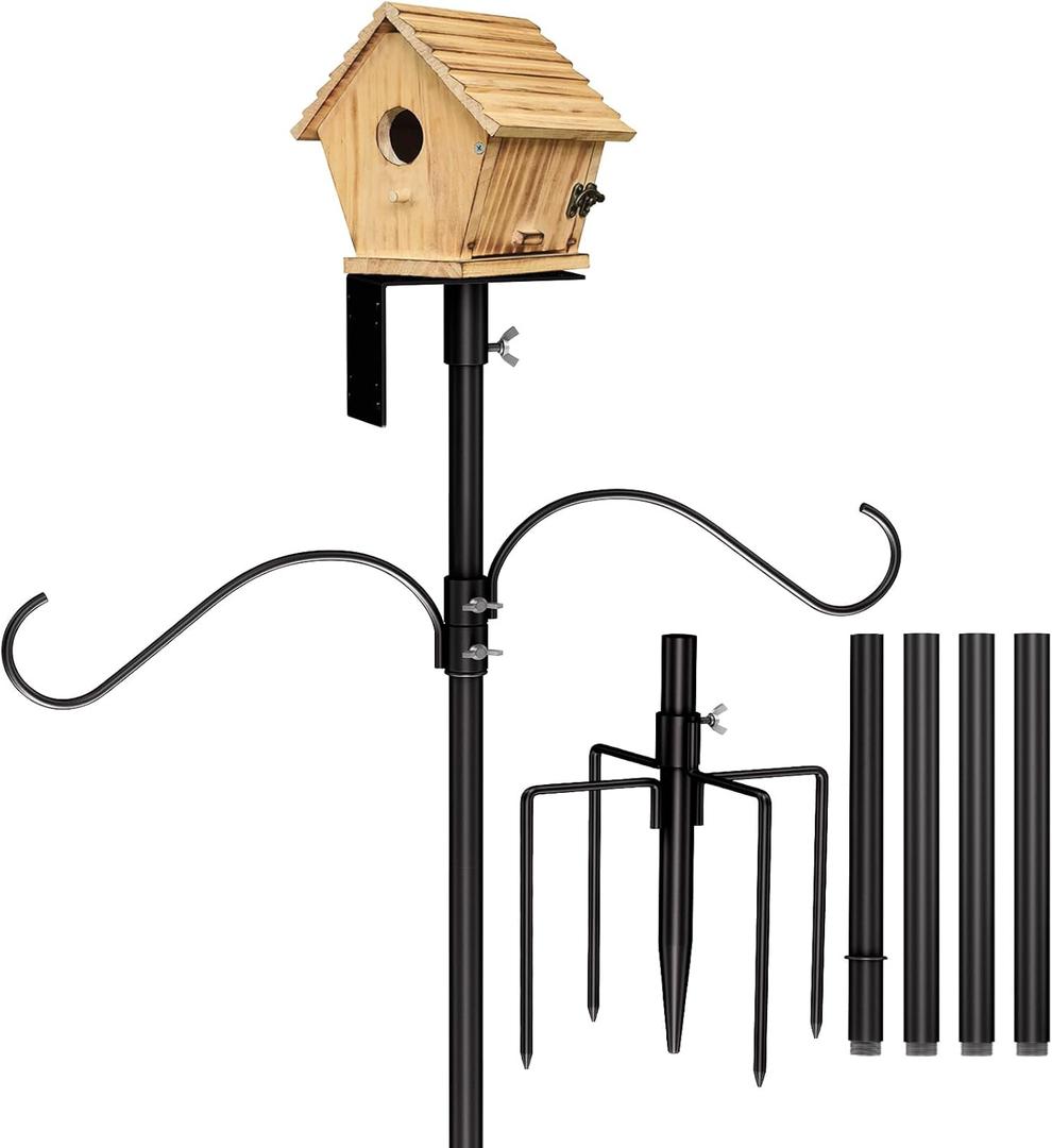 Mosloly Bird House Pole Kit 80inch - Universal Metal Bird Feeders Pole Mount Set with 5-Prongs Base and 2 Hanging Arms, Feeding Station for Watching, Plant Hanger