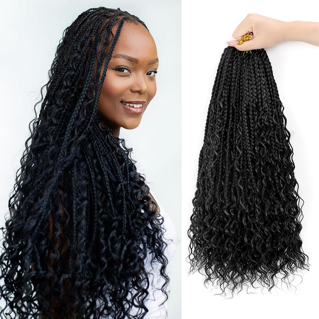 Boho Crochet Braids Human Hair Mixed 24 Inch Goddess Box Braids Crochet Hair Boho Box Braid Bohemian Braid Crochet Hair for Black Women 7 Packs 1B#