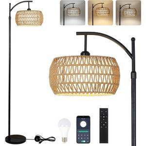 Arc Floor Lamp with Remote Control, Dimmable LED Floor Lamp with 3 Color Temperature, Black Standing Lamp with Rattan & Fabric Double Drum Shade, Boho Farmhouse Tall Pole Lamp for Living Room Bedroom