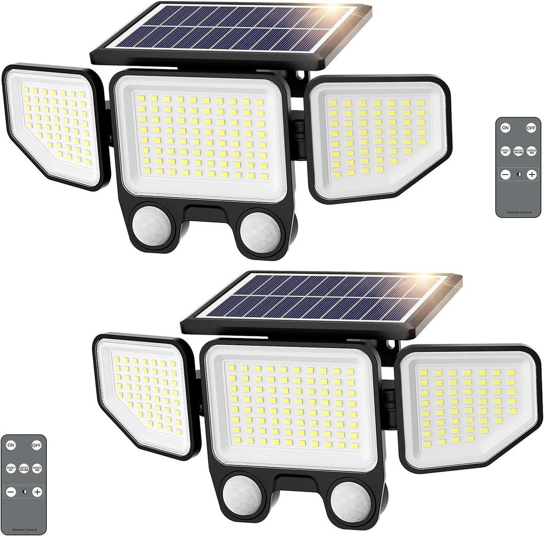 Onforu Solar Lights Outdoor, 3000LM 180 LED Motion Sensor Flood Lights with Remote Control, 3 Modes, IP65 Waterproof Security Lights for Yard, Pathway, Garden, Pool, Garage, Pack of 2 