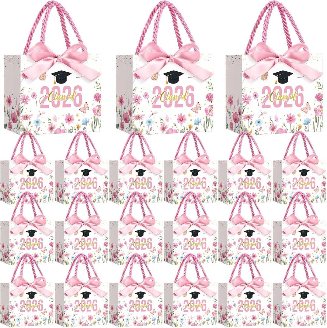 Moinchore 30 Pcs Wildflower Graduation Gift Bags Bulk Small Class of 2026 Congrats Grad Candy Goodie Bags with Handles Bow Ribbon Freshly Graduated Decorations Spring Party Favors
