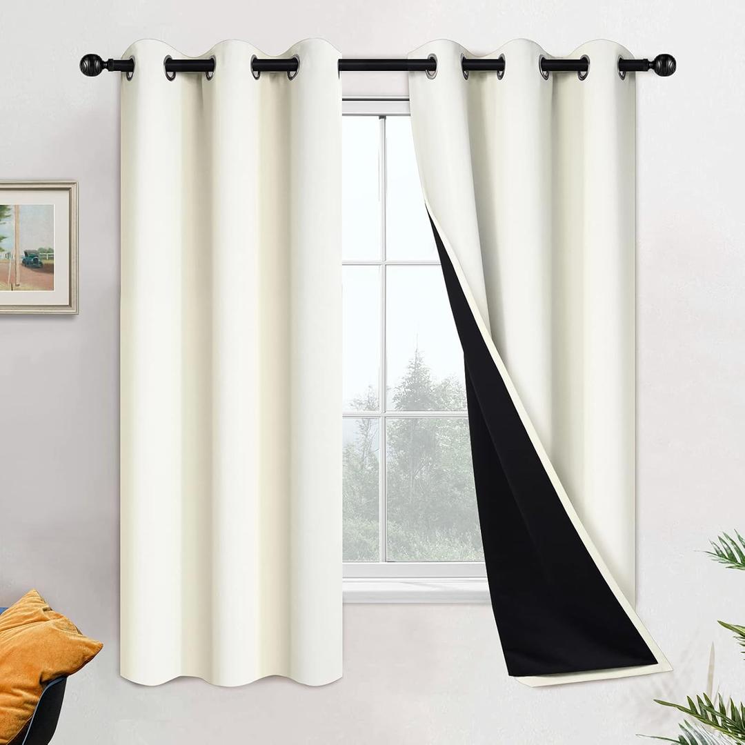 Yakamok 63 Inch Length 100% Blackout Curtains for Bedroom, 2 Thick Layers Thermal Insulated Grommet Total Blackout Drapes with Black Liner for Living Room (42Wx63L,Cream, 2 Panels)