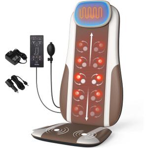 Shiatsu Back Massager with Heat, Massage Chair Pad Seat Cushion for Stress Relief, Deep Tissue Kneading & Roller, 2 Vibration Motors, Back Waist Hip Massager, PU Leather, with 2 Adapters