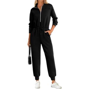PRETTYGARDEN Long Sleeve Jumpsuits for Women Casual 2026 Fall Fashion Zip Up Pant Rompers One Piece Sweatsuits Travel Outfits (X-Large, Black)