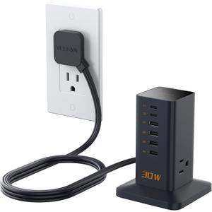 Charging Station 30W, TESSAN 9-in-1 Charger Blocks for iPhone 17/16/15/14, Tablets, Earphone with Surge Protector, 5ft Flat Extension Cord with 4 USB A, and 2 USB C for Home, Office, Dorm, Black