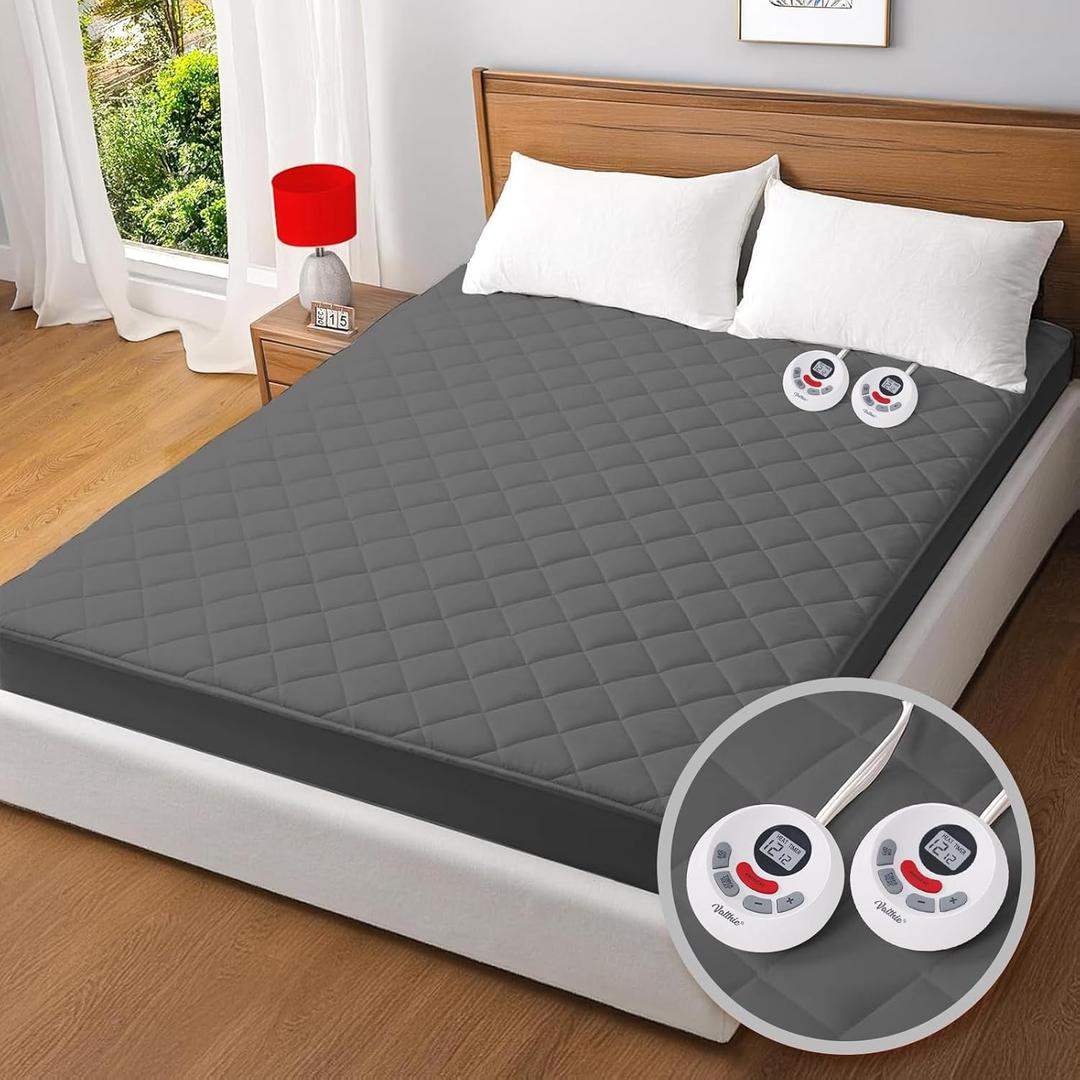 Heated Mattress Pad King,Dual Controller Electric Mattress Pad with Preheat Functions,Bed Warmer with 12 Heat Settings & 1-12 Hours Auto Shut Off, Machine Washable(78"x80",Grey) (Gray)