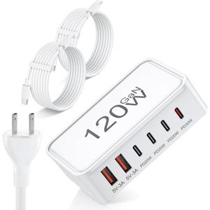 USB C Charger Block, 120W GaN 6-Port Charging Station, 30W Fixed PD Port Type C Charger Fast Charging for iPhone 17/16/15/14, iPad, Galaxy, Pixel, Power Adapter Hub for Travel Home Office (White)