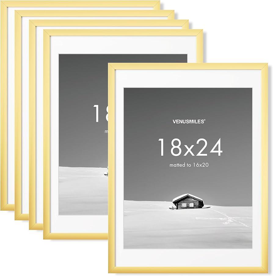 18x24 inch Picture Frame, 18x24 Photo Frames with 16x20 Removable Mat - High Definition Plexiglass - Vertical and Horizontal Display - Wall Hanging Poster Frame - Gold, 4 Pack