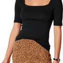 Amazon Essentials Women's Slim-Fit Half Sleeve Square Neck Summer T-Shirt (XX-Large, Black)