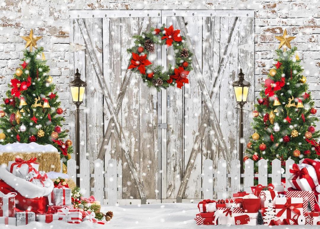 LYCGS 8X6ft Christmas Backdrop - White Barn Door Snowflake Xmas Tree Gifts Photography Background Party Decoration Banner X-176