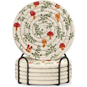 Cup Coasters for Drinks Absorbent - for Coffee Wooden Table Office Cute Farmhouse Outdoor Rustic Desk Kawaii Woven Women Kids Soft Cloth Braided Fabric Mushroom Coaster Set of 6 with Holder