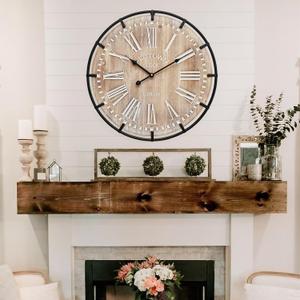 20 Inch Large Farmhouse Wall Clock, Rustic Antique Wood with Metal Circle and Large Engraved Numerals, Silent Battery Operated Wall Clock for Office Kitchen Bedroom Living Room (Brown)