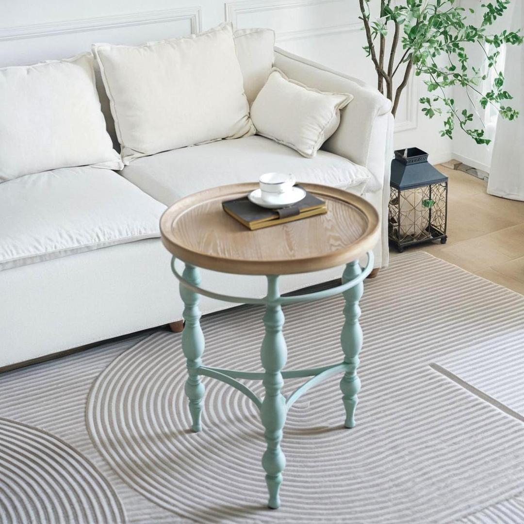 Rustic Farmhouse Round End Table, French Country Vintage Side Table,20.1'' x 23.6''H Rustic Solid Wood with Vintage Iron Legs, for Living Room, Bedroom, Small Spaces,Nature White
