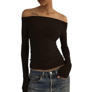 Women's Sexy Crop Top Long Sleeve Off Shoulder Going Out Tops Slim Fit Mesh Ruched Twisted Blouse Y2K T Shirt, M