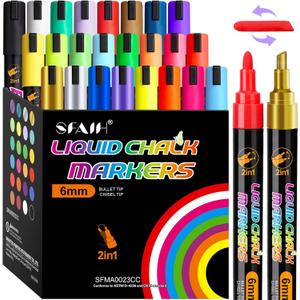 SFAIH 24 Vibrant Chalk Markers for Blackboard [1s Wet Wipe] - No Residue, 6mm Chalk Markers for Chalkboard Calendar, Glass, Window, Menus, Labels, Signs, Car, Non-Toxic, Ideal for Bistro Home School