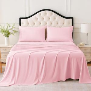 MICORAL King Bed Sheets Set, Soft Breathable Bedding Sheet Set, Sheets Set with 16" Deep Pocket Design (4 Pieces, King, Light Pink)