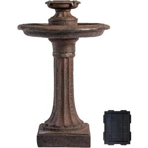XBrand 28" Solar Powered 1-Tier Outdoor Bird Bath Water Fountain, Resin Fountain with Solar Panel Pump, Brown