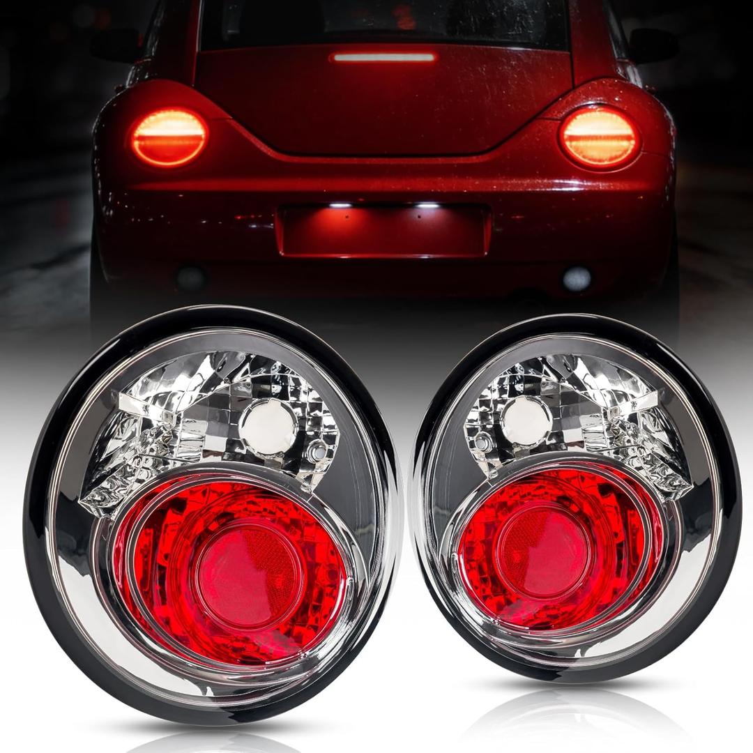 Torchbeam Tail Light Assembly Compatible with Beetle 1998 1999 2000 2001 2002 2003 2004 2005 OE Tail Light Brake Lamps Replacement for Driver and Passenger Side Chrome Housing Clear Lens