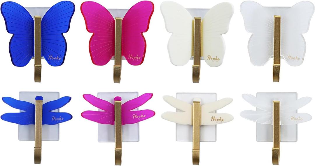 2 x Kitchen Hooks, Tool-Free Adhesive Wall Hook Hanging - Dragonfly Butterfly 4 Color Acrylic (Frosted) Family, Suermarket, Restaurant, Coffee Shop, Office, Two-Tier Wings Gold Hooks8Pack