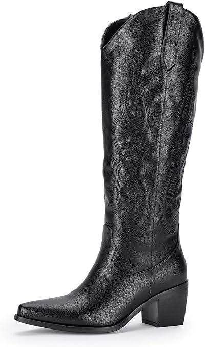 Pasuot Western Cowboy Boots for Women - Knee High Wide Calf Cowgirl Boots with Classic Embroidered, Slip On Pointed Toe Chunky Heel Fashion Retro Classic Pull On Tall Boot for Girls Ladies Fall Winter 7