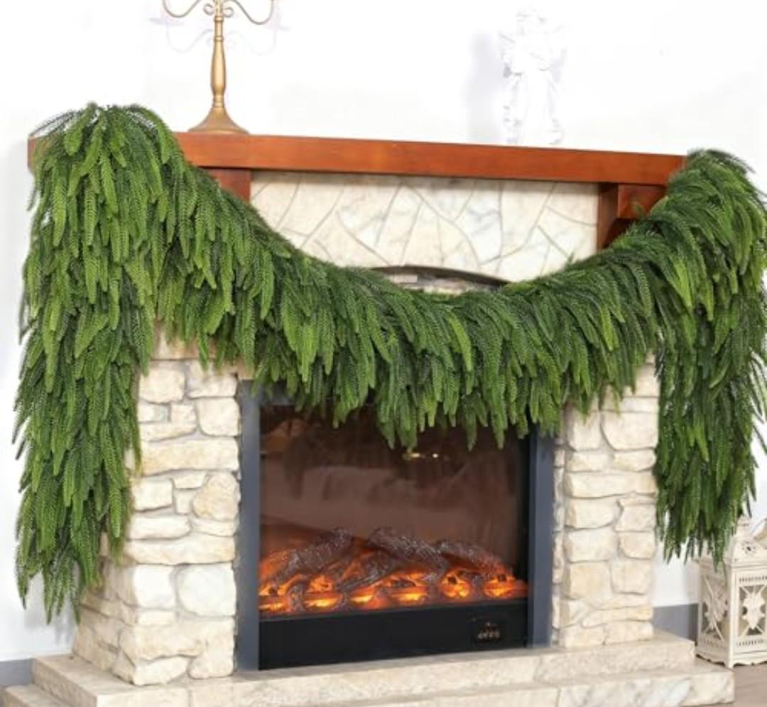 Christmas Norfolk Pine Garlands - 9ft Artificial Garland Faux Green Fake Pine Needles Garland for Fireplace,Table,Window,Stairs,Mante,Holiday Indoor Outdoor Xmas Decor(2PCS)