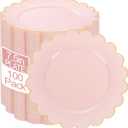 LIYH 100 Pcs 7.5" Pink Plastic Plates with Gold Disposable Pink Dessert Plates Gold Plastic Plate,Baby Shower Plate Set Suitable for Weddings Bridal Showers Afternoon Tea Mothers Day