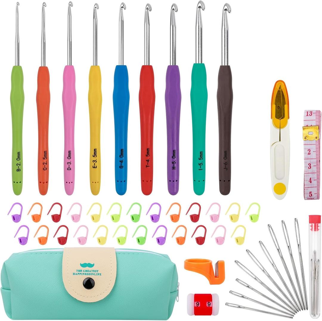 Crochet Hooks 9 Sizes Crochet Hook Set, 49 Pack Yarn Crochet Kit for Beginners, Knitting Needles with Ergonomic Handles for Arthritic Hands, Crochet Needle Kit with Blue Case for Crocheters