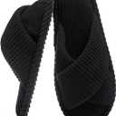 House Slippers for Women Open Toe Fuzzy Womens Slippers Indoor Outdoor Crossband with Corduroy Memory Foam Warm Gifts for Women Anti-Skid Size 11 12 Black