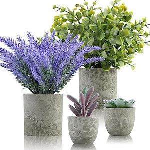 ALAGIRLS 4 Packs Fake Plants Small Artificial Plants for Shelf Lavender Flowers Eucalyptus Succulents Plants Potted Faux Plants for Home Indoor Office Bathroom Living Room Decor