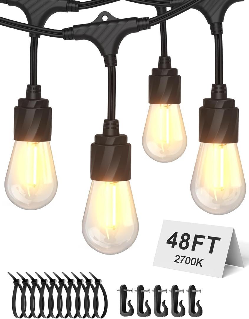 XMCOSY+ 48FT Outdoor String Lights Waterproof - LED Patio Hanging Lights for Outside Porch Backyard Gazebo Garden, Commercial Grade 16 Edison Bulbs