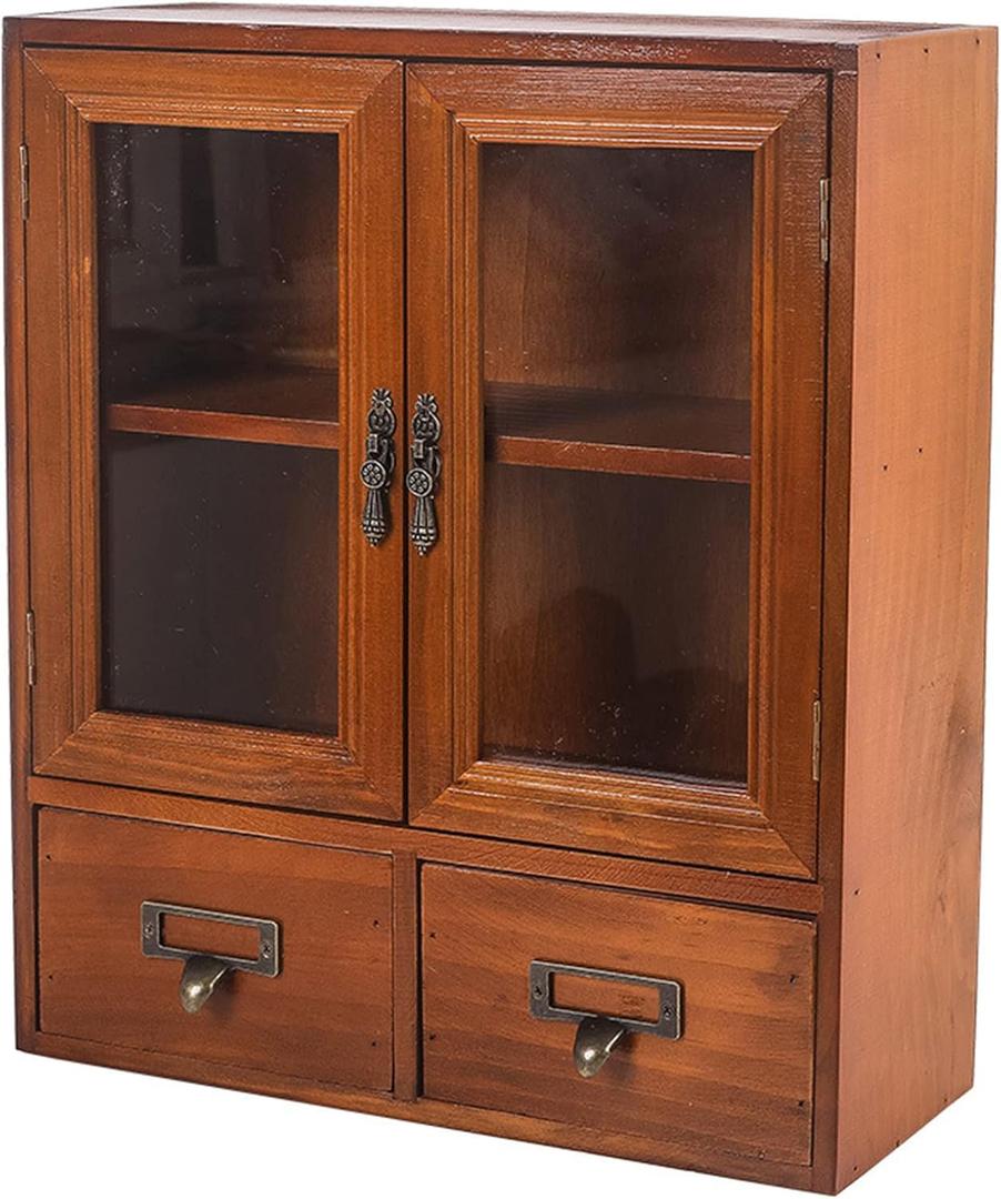 RZGZKLSH Rustic Vintage Mini Pine Counter Top Cabinet  12" L x 4.7" W x 14" H with 2 Doors & 2 Drawers, Antique Apothecary Spice Cabinet for Kitchen, Bathroom, Office Organization & Storage(Brown)