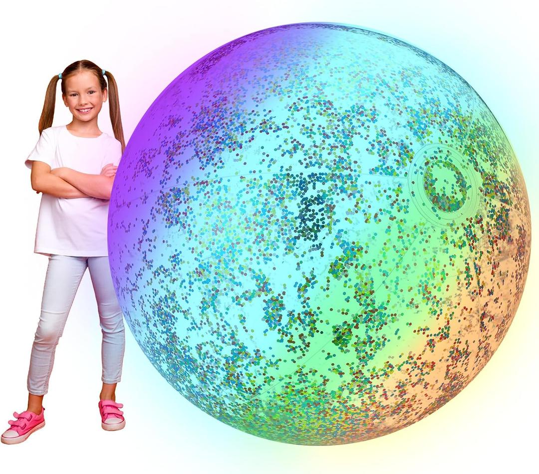 Jenaai 5 ft Jumbo Inflatable Light up Beach Balls Giant Glow in the Dark Blow up Glitter Confetti LED Pool Balls Lighted Glow Pool Toys for Summer Swimming Outdoor Birthday Water Party Decor