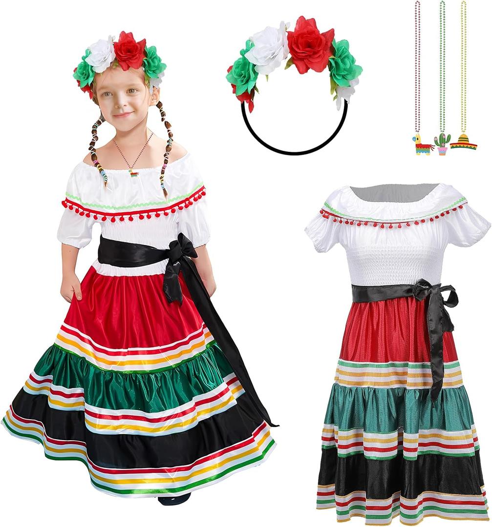 Traditional Mexican Dress for Girls Kids Cinco De Mayo Mexican Costume Princess Dress Halloween Outfit Props (Multicolored) XL