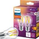 PHILIPS LED 60W A15 2-Pack Ultra Definition Soft White (2700K) 750 Lumen (6.6W = 60W) Dimmable Clear Flicker-Free Light Bulbs