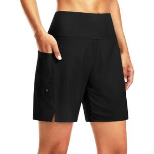 G Gradual Women's 7" Long Swim Board Shorts High Waisted Quick Dry Beach Swimming Shorts for Women with Liner Pockets (Black)