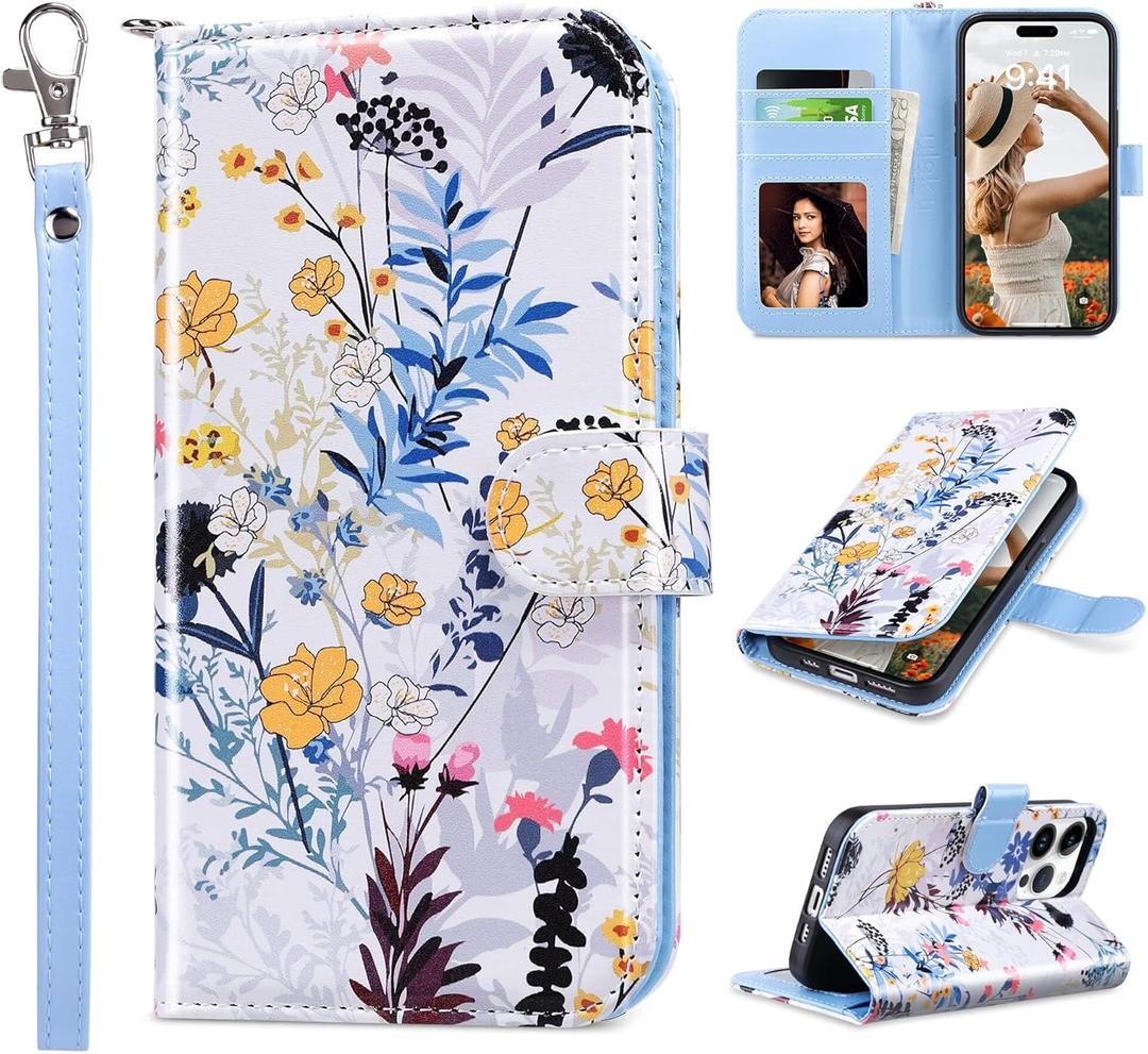 ULAK Compatible with iPhone 14 Pro Wallet Case with Card Holder, Flip PU Leather Floral Phone Protective Cover for Women, Kickstand Wristlet Shockproof Flower Pattern Design 6.1" Phone Case for Girl