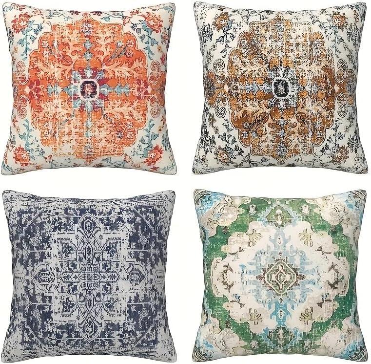 4pcs Orange Blue Ethnic Boho Pillow Covers, Vintage Rust Coral Floral Decorative Pillow Cases for Living Room Bedroom Bed Cushion Outdoor Home Decor, 18x18 Pillows Linen Pillowcase