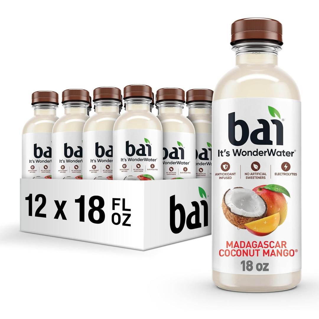 Bai Antioxidant Infused Water Beverage, Madagascar Coconut Mango, with Vitamin C and No Artificial Sweeteners, 18 Fluid Ounce Bottle, 12 Pack (EXP 08/17/27)