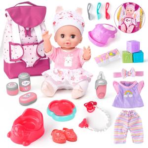 AuntyFey Baby Doll with Accessories Set, Baby Dolls Set for Toddler Girls 3-5 6-12, Baby Doll Playset, Baby Dolls for 5 Year Old Girls, Baby Doll Toys Pretend Play Toy(Backpack)