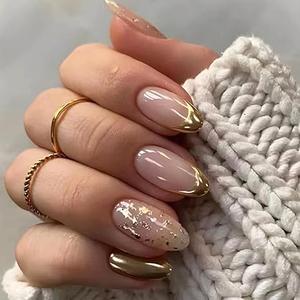 French Tip Press On Nails Almond Medium Fake Nails Gold Tips Full Cover False Nails with Glitter Foils Design Glossy Acrylic Glue on Nails Artificial Stick On for Women DIY Manicure 8 Pack (24 Count) 