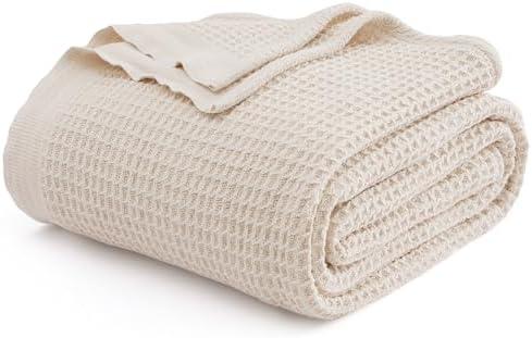 Bedsure Gentlesoft 100% Cotton Blanket King Size for Bed - Breathable and Soft, Waffle Weave Blanket for Summer, Thick Cozy Fall Blankets for Women Gift, Khaki (a Little Bit Yellow), inches Size Queen 90x90