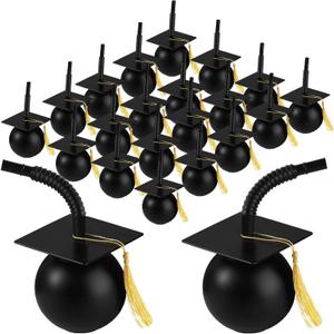 Gerrii 24 Set Graduation Cap Cups with Tassels Straws and Lids, 10 oz Reusable Hard Plastic Cups Graduation Gifts Bulk for Class of 2025 Grad Party Favor Supplies(Black)