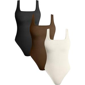 Women's 3 Piece Yoga Ribbed One Sleeveless Tummy Control Top BodySuit, Black Coffee Beige, Medium