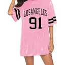 PORRCEY Juniors Short Sleeve Print Sequin Funny Dress Shirts (23178,Pink,XL)