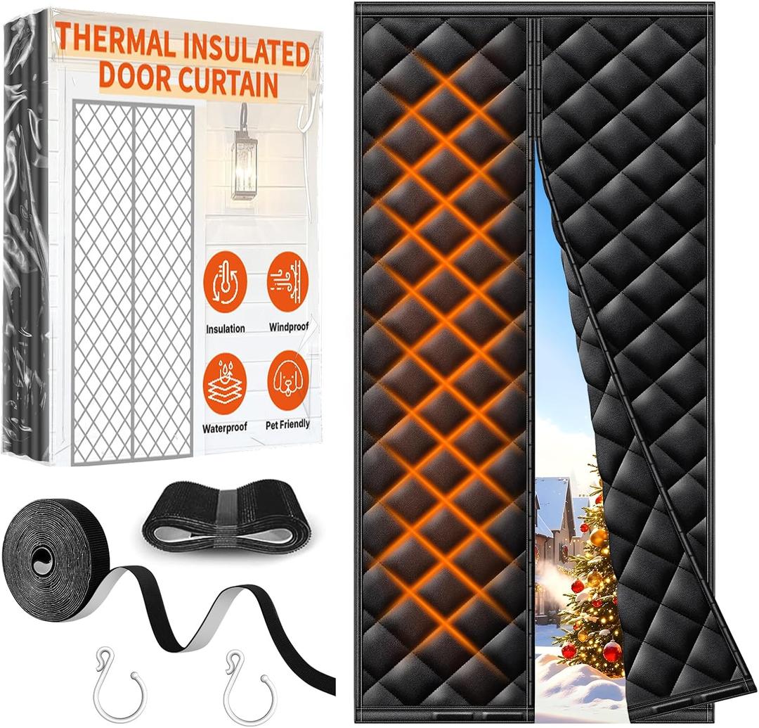 Thermal Insulated Door Curtain Fit Door Size 32" x 80", Magnetic Thermal Insulated Cover for Winter, Upgraded Oxford Fabric with Thicken Cotton Filling, Self-Closing for Sliding Glass Doorways, Black