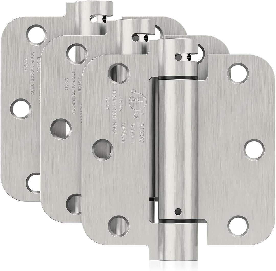 3 Pack Self Closing Door Hinges, 3.5 Inch Spring Loaded Door Hinges for Garage, Front, Back Door, Left/Right Hand, Adjustable Tension, 5/8'' Radius Corners, UL Listed, Brushed Nickel