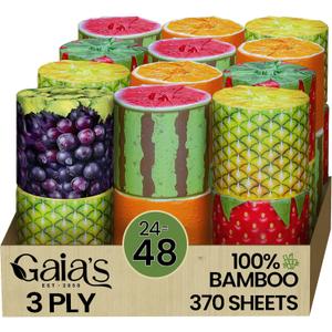Gaias Premium and Soft Fruit TP Organic Bamboo Toilet Paper | 24 Mega Rolls, 3 Ply, 370 Sheets | FSC Certified, PFAS & BPA Free, Eco-Friendly, Sustainable Tissue - Plastic Free, Septic Safe, Vegan