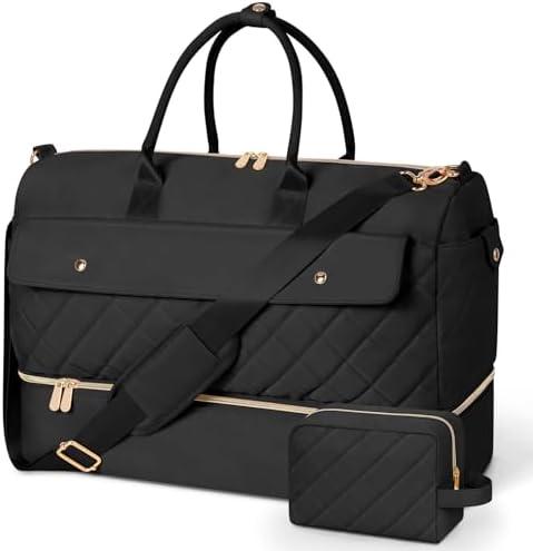 Wedama Weekender Bags for Women, Large Travel Duffel Bag with Shoe Compartment, Carry on Overnight Bag with Toiletry Makeup Bag, Gym Duffel Bag Travel Tote Bag for Travel Gym Camping Hospital, Black