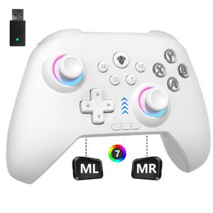2.4G Wireless PC Controller with RGB Lighting/Programming Keys/Hall Joysticks/Hall Triggers/Vibrations,Three-Mode Switch Controller,Plug and Play Work for Windows PC, Android, Switch, Steam (White)
